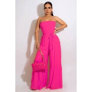 Wide Leg Strapless Pink Jumpsuit With Waist Tie